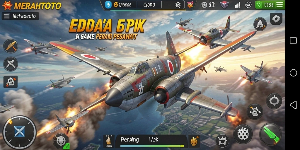 Screenshot utama game Perang Pesawat dengan tampilan pertempuran yang mendebarkan.