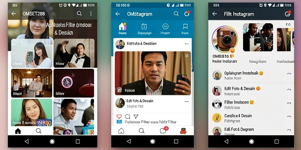 Tampilan antarmuka aplikasi OMSET288 dengan filter-filter Instagram yang beragam.