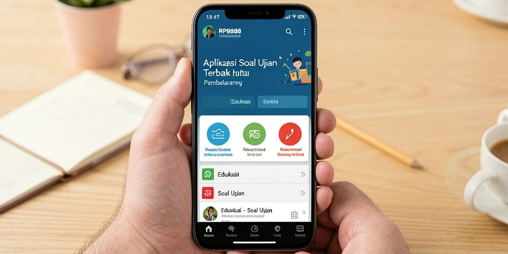 Antarmuka pengguna RP8888 dengan tampilan latihan soal ujian.