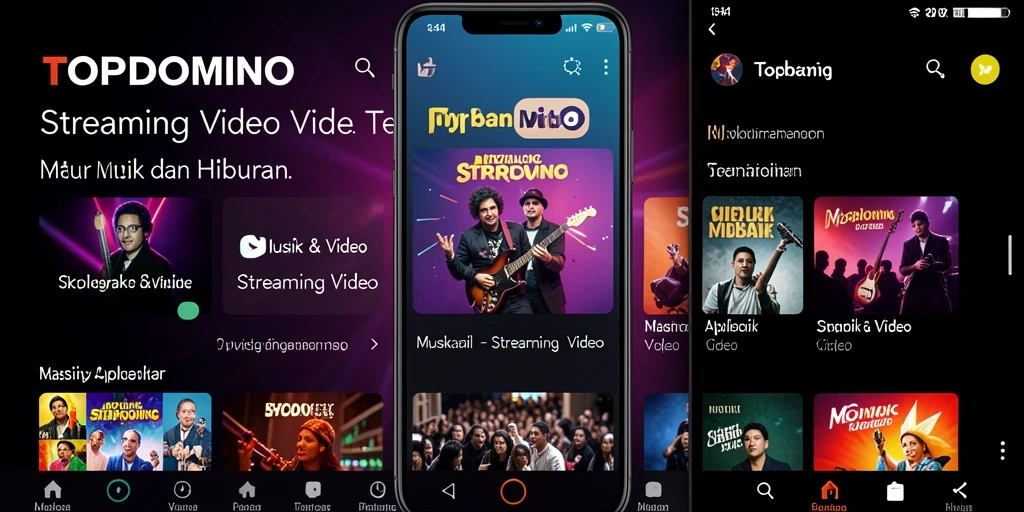 Screenshot antarmuka aplikasi TOPDOMINO yang menampilkan berbagai pilihan video dan musik.
