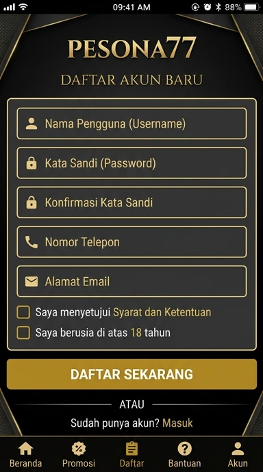 Tampilan halaman daftar pesona77