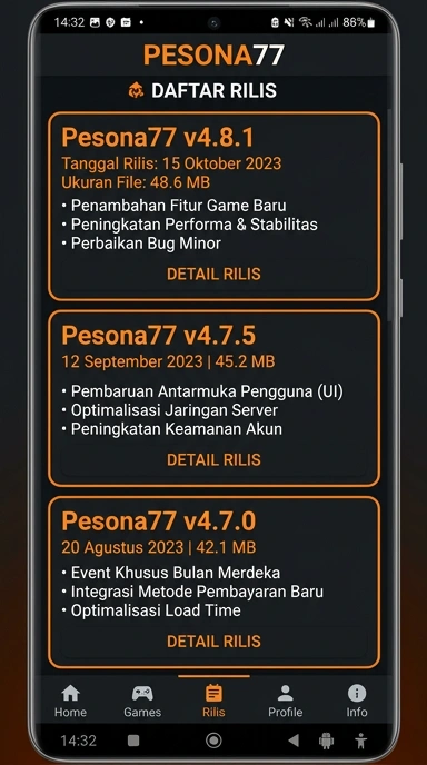 Tampilan riwayat versi pesona77